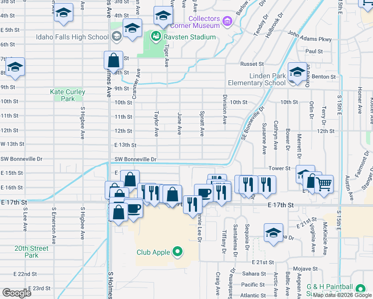 map of restaurants, bars, coffee shops, grocery stores, and more near 835 East 13th Street in Idaho Falls