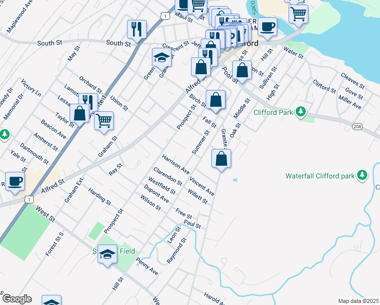 map of restaurants, bars, coffee shops, grocery stores, and more near 22 Winter Street in Biddeford