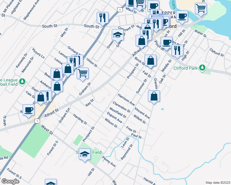 map of restaurants, bars, coffee shops, grocery stores, and more near 12 Lambert Street in Biddeford