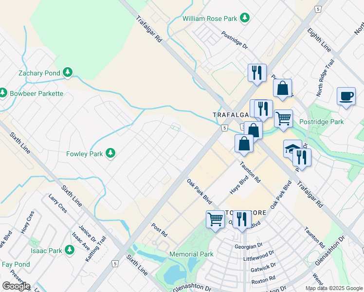 map of restaurants, bars, coffee shops, grocery stores, and more near 3032 Postville Street in Oakville