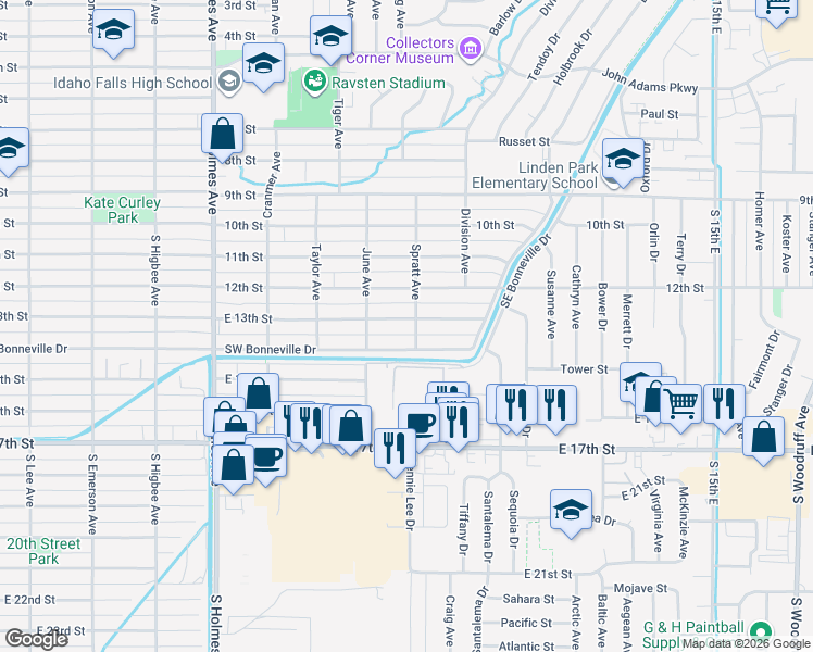 map of restaurants, bars, coffee shops, grocery stores, and more near 1275 Spratt Avenue in Idaho Falls
