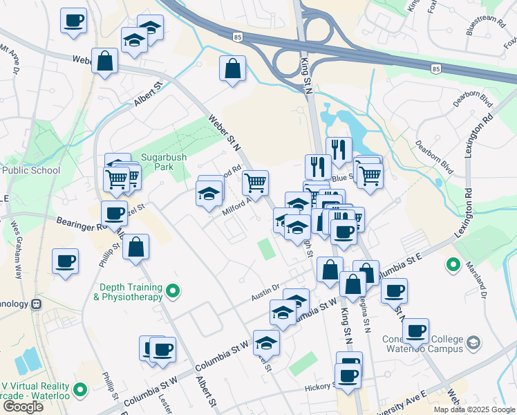 map of restaurants, bars, coffee shops, grocery stores, and more near 428 Barrie Place in Waterloo