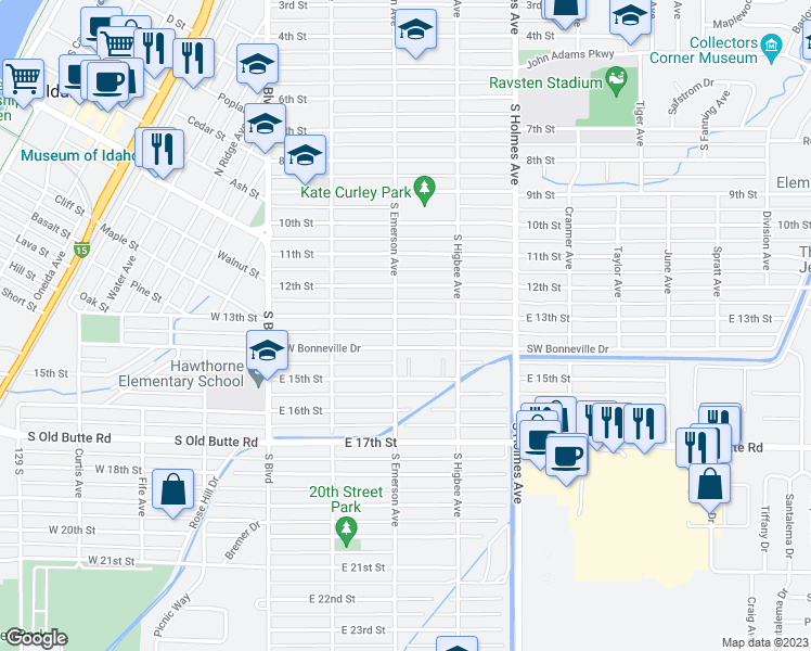 map of restaurants, bars, coffee shops, grocery stores, and more near 341 East 13th Street in Idaho Falls