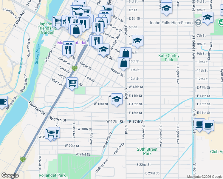map of restaurants, bars, coffee shops, grocery stores, and more near 520 Maple Street in Idaho Falls
