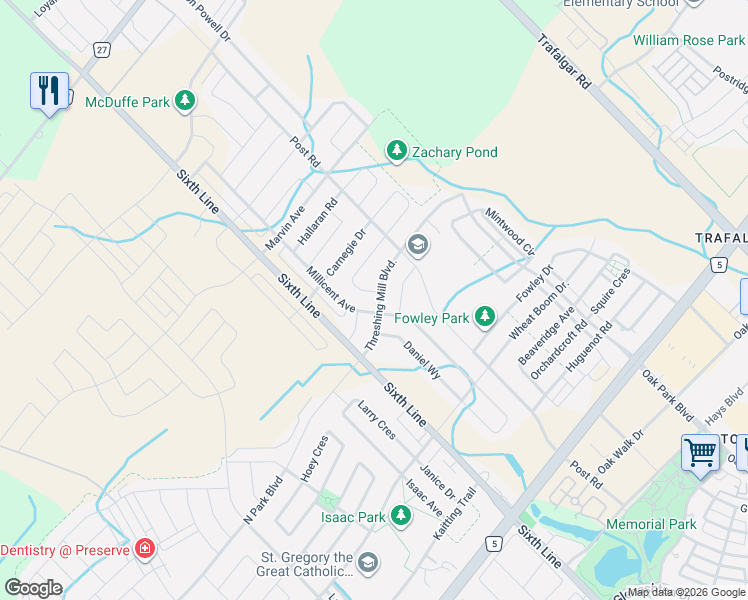 map of restaurants, bars, coffee shops, grocery stores, and more near 53 Threshing Mill Boulevard in Oakville