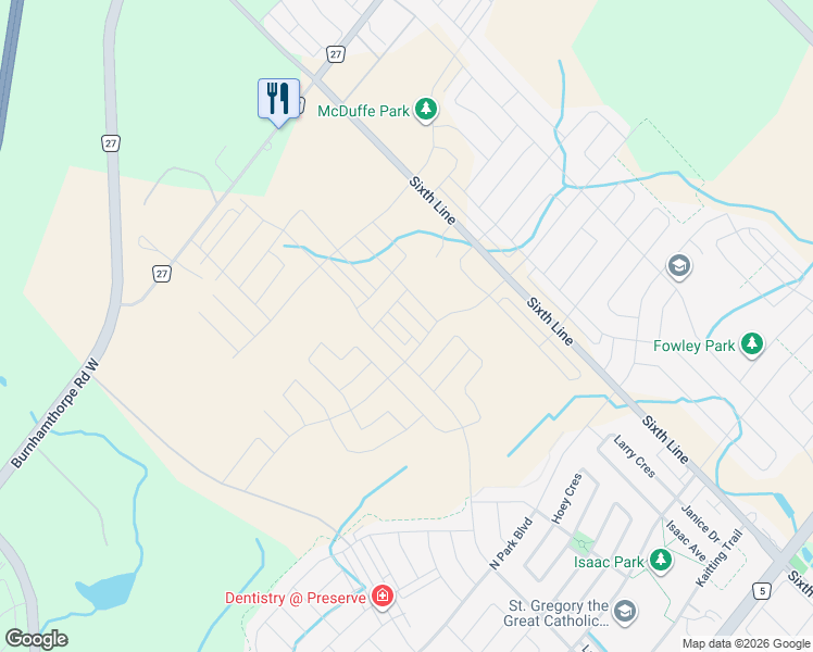 map of restaurants, bars, coffee shops, grocery stores, and more near 3309 Taha Gardens in Oakville
