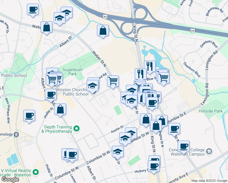 map of restaurants, bars, coffee shops, grocery stores, and more near 428 Barrie Place in Waterloo