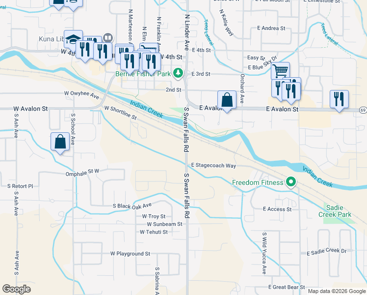 map of restaurants, bars, coffee shops, grocery stores, and more near 350 South Swan Falls Road in Kuna