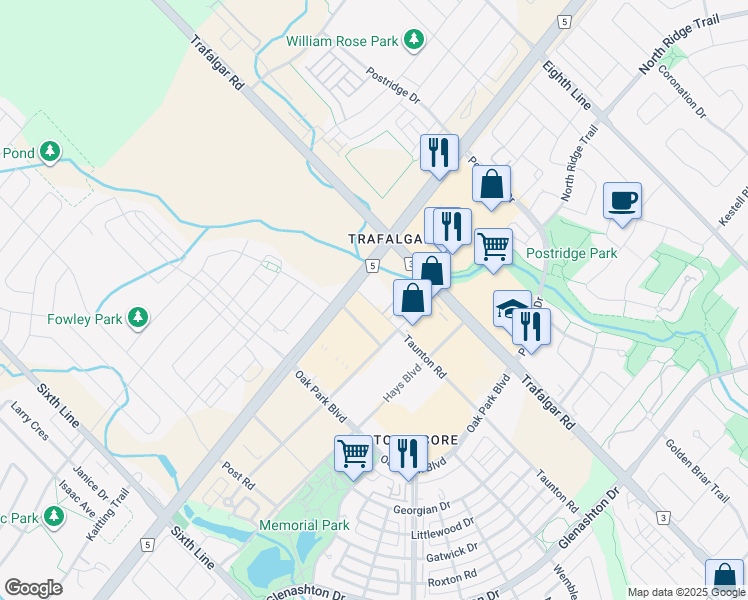 map of restaurants, bars, coffee shops, grocery stores, and more near 2489 Taunton Road in Oakville