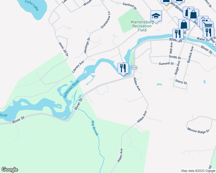 map of restaurants, bars, coffee shops, grocery stores, and more near 240 River Street in Warrensburg