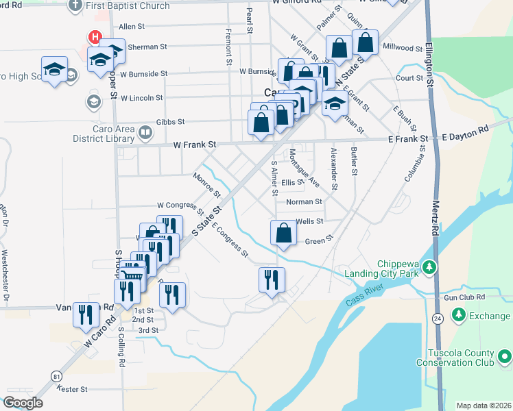 map of restaurants, bars, coffee shops, grocery stores, and more near 118 East Washington Street in Caro