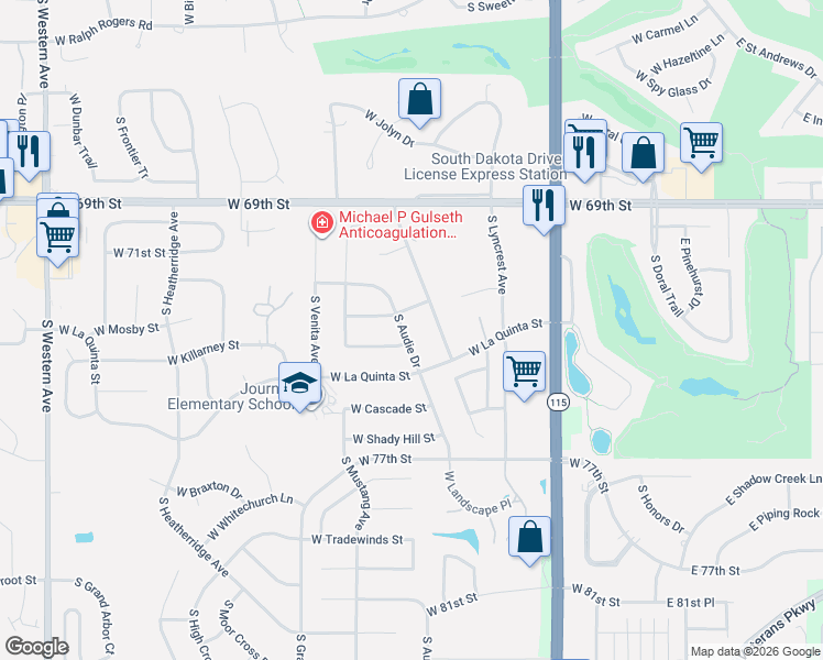 map of restaurants, bars, coffee shops, grocery stores, and more near 601-699 West Victory Lane in Sioux Falls