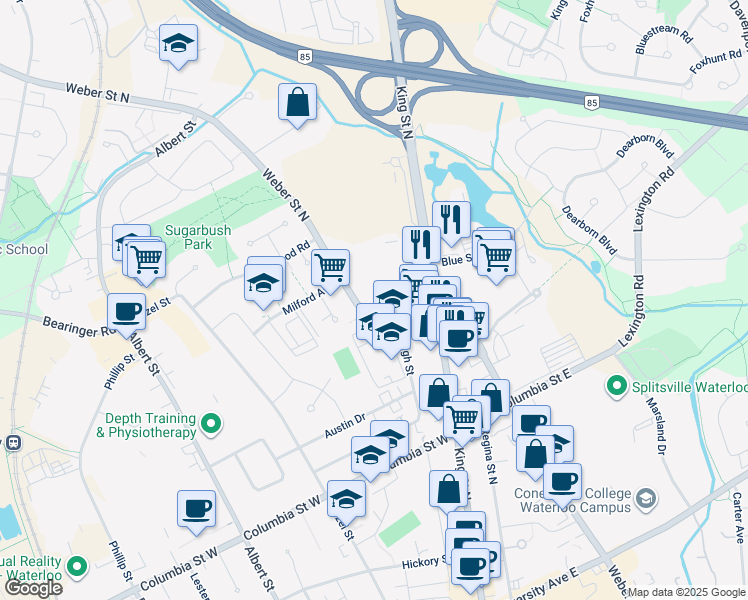 map of restaurants, bars, coffee shops, grocery stores, and more near 423 King Street North in Waterloo