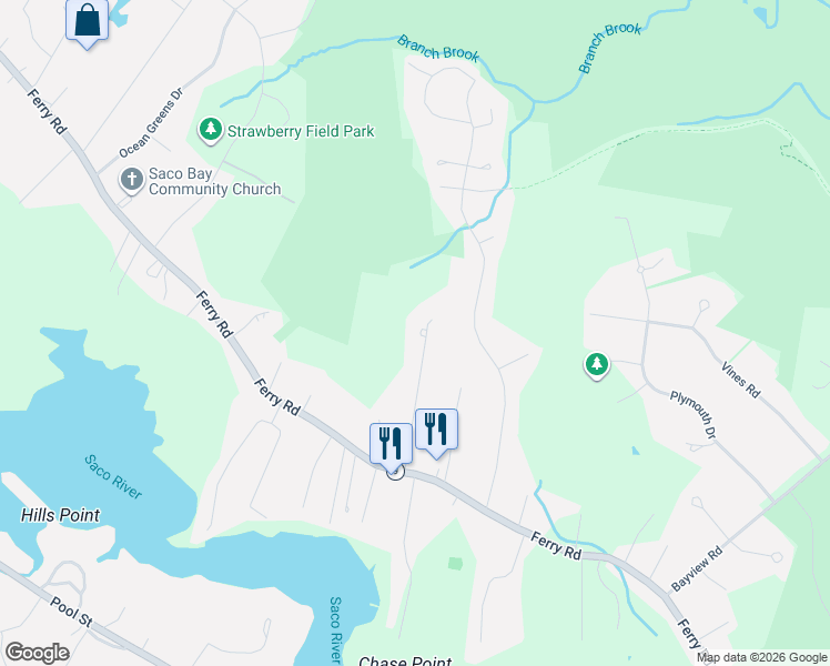 map of restaurants, bars, coffee shops, grocery stores, and more near 33 Scrimshaw Lane in Saco