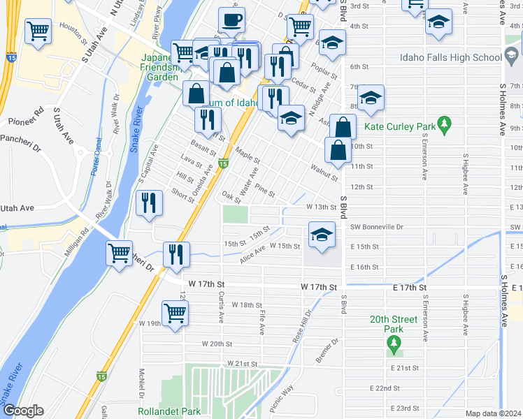 map of restaurants, bars, coffee shops, grocery stores, and more near 359 West 13th Street in Idaho Falls