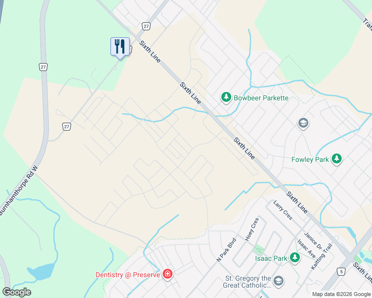 map of restaurants, bars, coffee shops, grocery stores, and more near 3301 Azam Way in Oakville