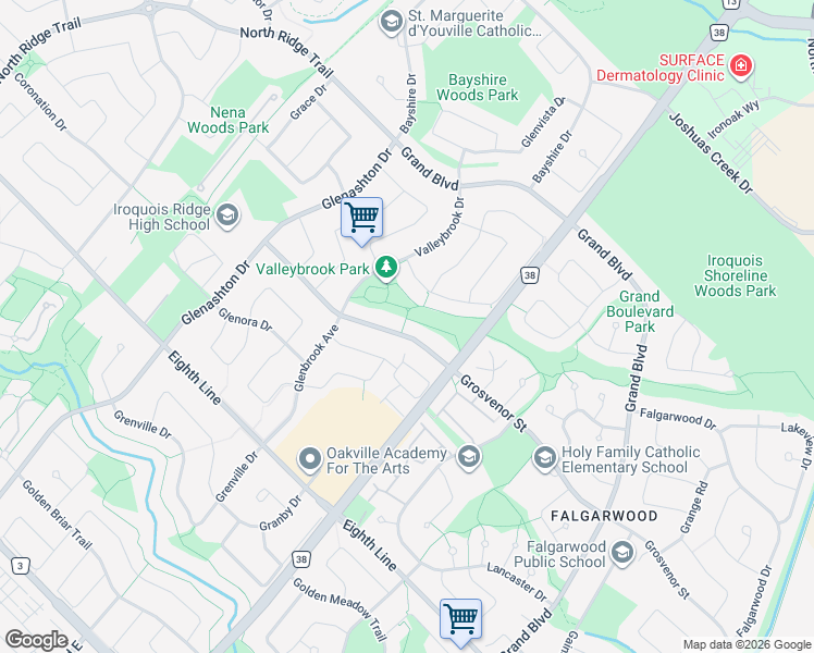 map of restaurants, bars, coffee shops, grocery stores, and more near 2047 Grosvenor Street in Oakville