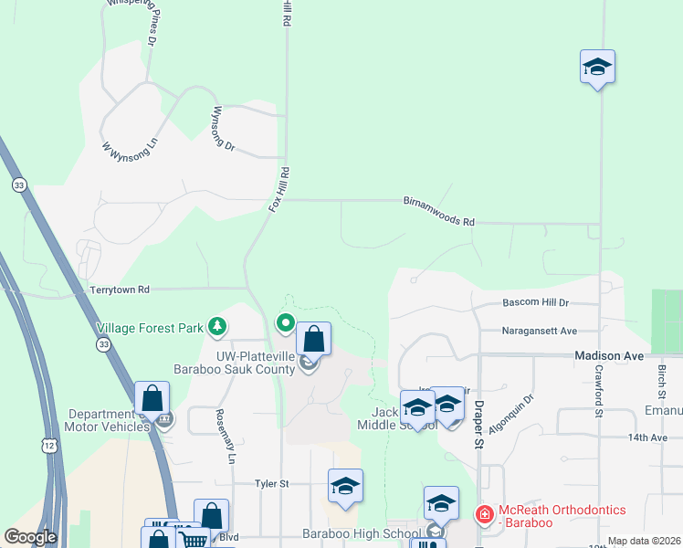 map of restaurants, bars, coffee shops, grocery stores, and more near S4347 Fox Hill Circle in Baraboo