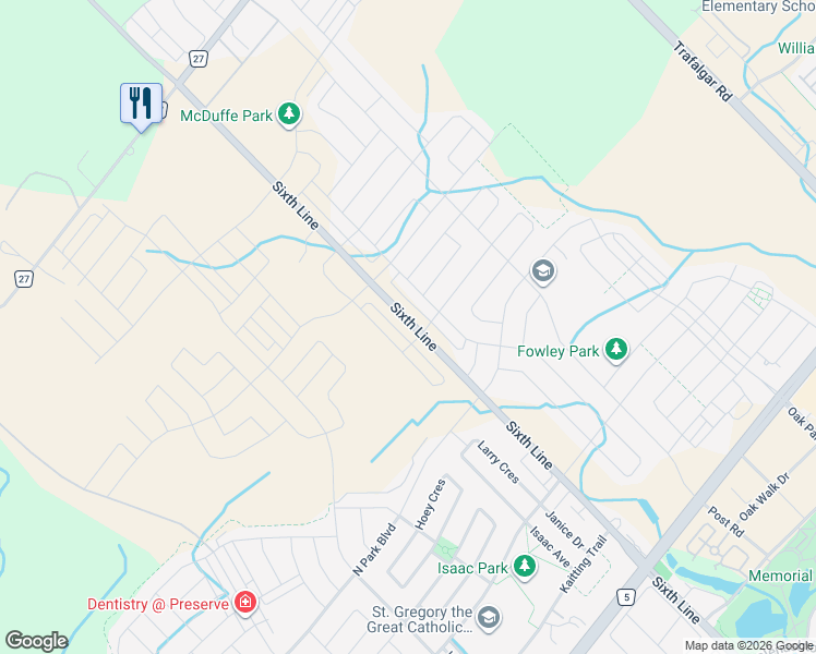 map of restaurants, bars, coffee shops, grocery stores, and more near 3234 Sixth Line in Oakville
