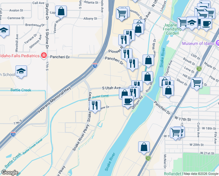map of restaurants, bars, coffee shops, grocery stores, and more near 1385 South Utah Avenue in Idaho Falls