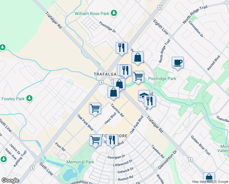 map of restaurants, bars, coffee shops, grocery stores, and more near in Oakville