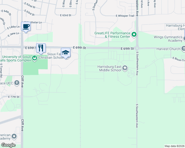 map of restaurants, bars, coffee shops, grocery stores, and more near 6120 South Charger Circle in Sioux Falls