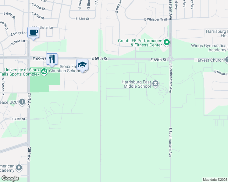map of restaurants, bars, coffee shops, grocery stores, and more near 6120 South Charger Circle in Sioux Falls