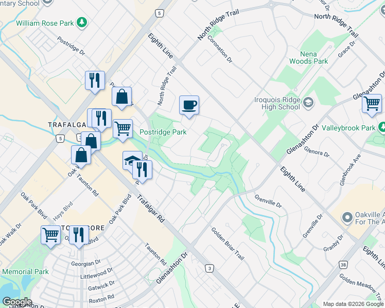 map of restaurants, bars, coffee shops, grocery stores, and more near 350 Ravineview Way in Oakville