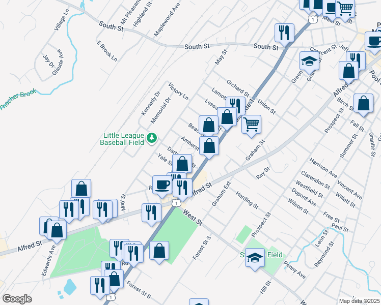 map of restaurants, bars, coffee shops, grocery stores, and more near 15 Amherst Street in Biddeford
