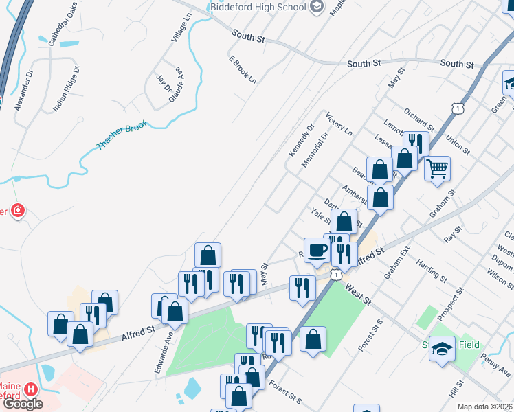 map of restaurants, bars, coffee shops, grocery stores, and more near 16 Plymouth Drive in Biddeford