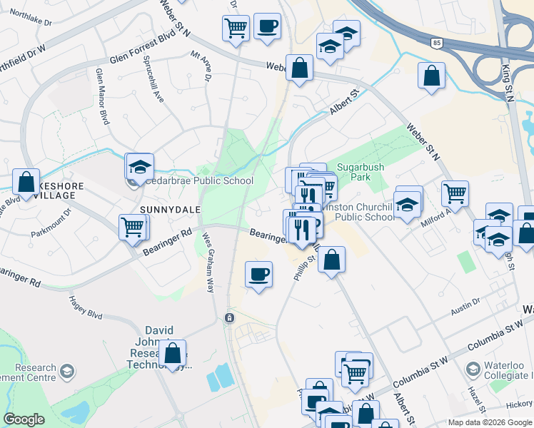 map of restaurants, bars, coffee shops, grocery stores, and more near 510 Quiet Place in Waterloo