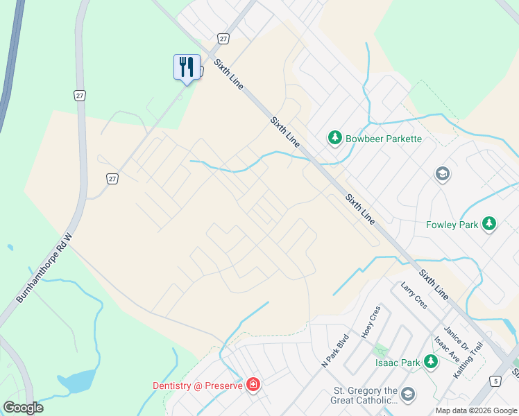 map of restaurants, bars, coffee shops, grocery stores, and more near 3320 Taha Gardens in Oakville