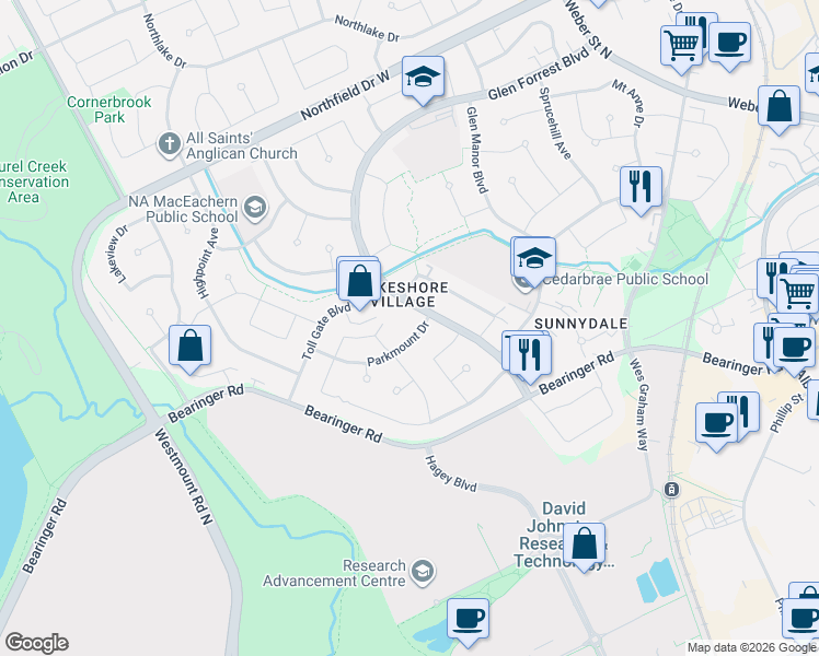map of restaurants, bars, coffee shops, grocery stores, and more near 561 Glen Forrest Boulevard in Waterloo