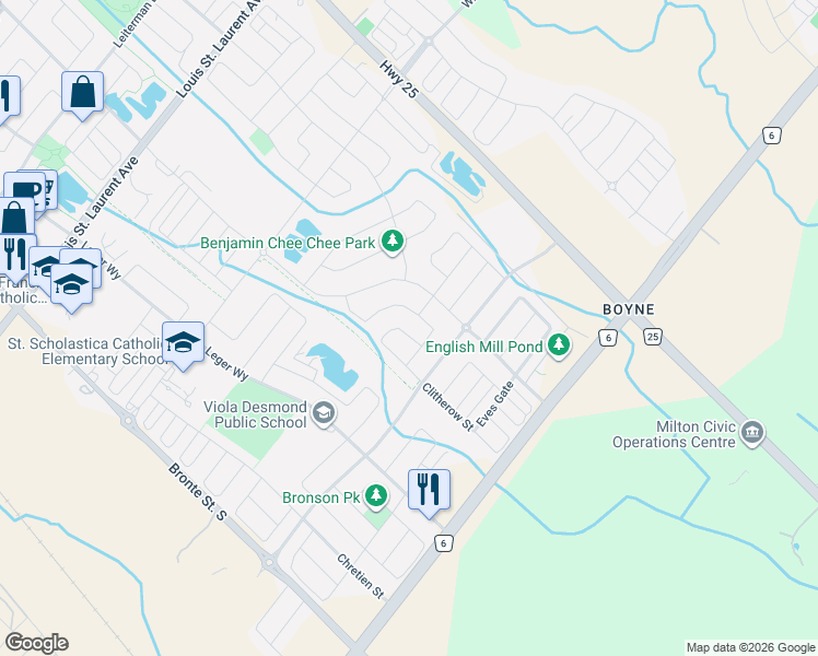 map of restaurants, bars, coffee shops, grocery stores, and more near 1368 Connaught Terrace in Milton