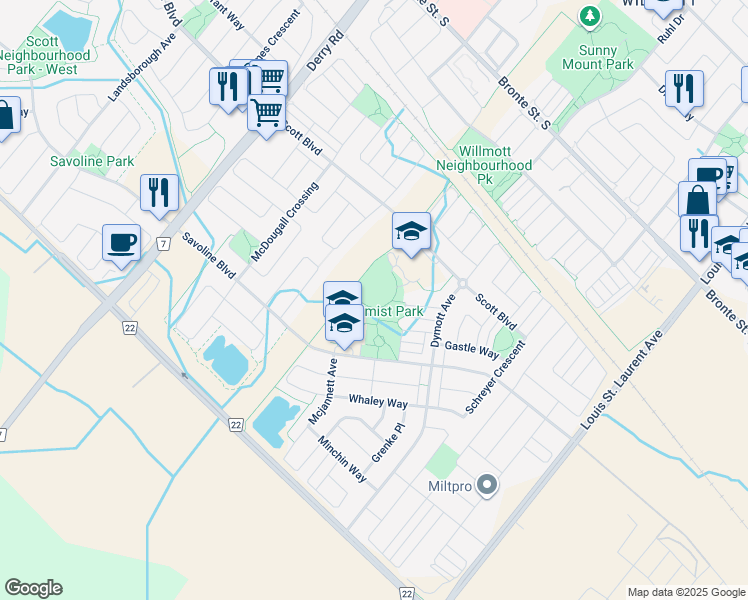 map of restaurants, bars, coffee shops, grocery stores, and more near 881 Savoline Boulevard in Milton