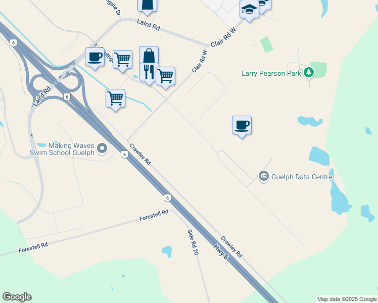 map of restaurants, bars, coffee shops, grocery stores, and more near 935b Southgate Drive in Guelph