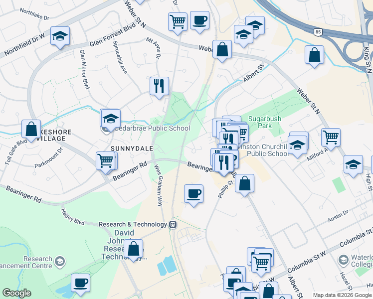 map of restaurants, bars, coffee shops, grocery stores, and more near 511 Quiet Place in Waterloo
