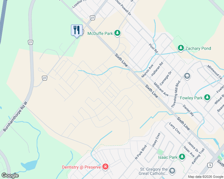 map of restaurants, bars, coffee shops, grocery stores, and more near 3320 Azam Way in Oakville