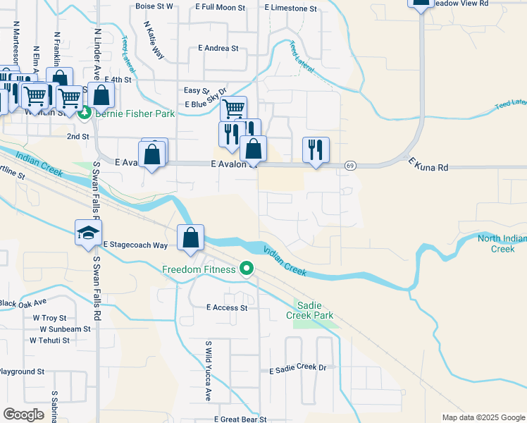 map of restaurants, bars, coffee shops, grocery stores, and more near 835 East Wandering Lane in Kuna