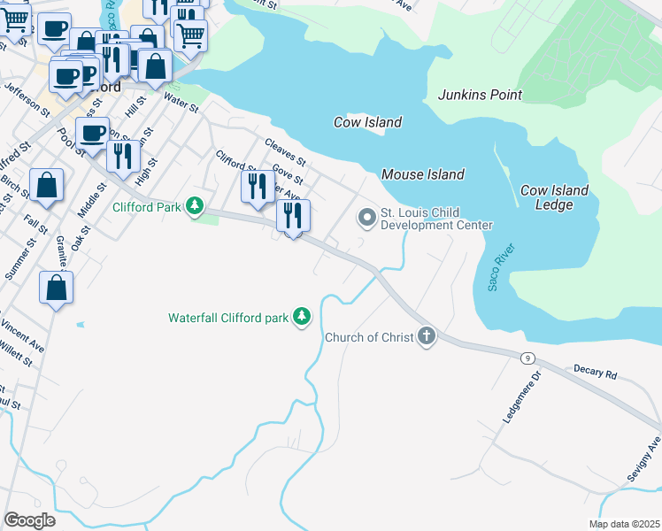 map of restaurants, bars, coffee shops, grocery stores, and more near 224 Pool Street in Biddeford