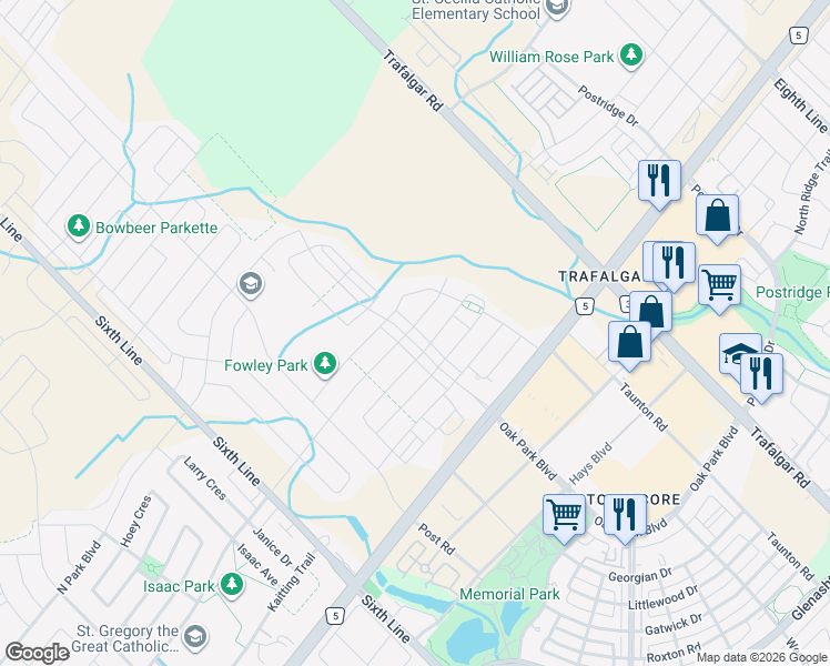map of restaurants, bars, coffee shops, grocery stores, and more near 188 Wheat Boom Drive in Oakville