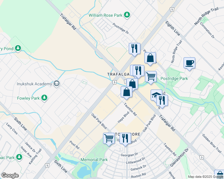 map of restaurants, bars, coffee shops, grocery stores, and more near 2489 Taunton Road in Oakville