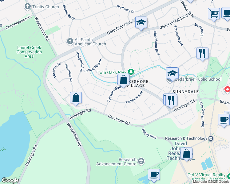 map of restaurants, bars, coffee shops, grocery stores, and more near 275 Toll Gate Boulevard in Waterloo