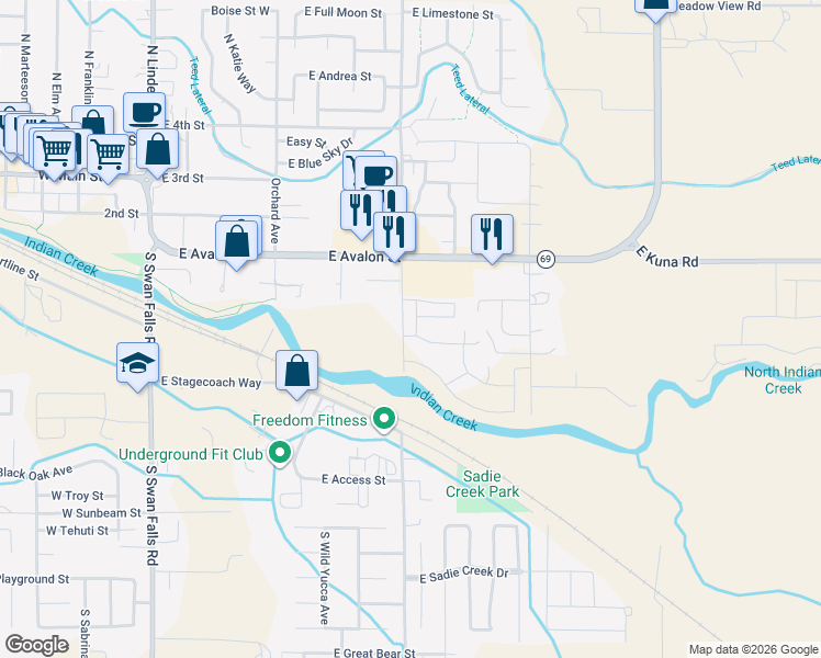 map of restaurants, bars, coffee shops, grocery stores, and more near 835 East Wandering Lane in Kuna