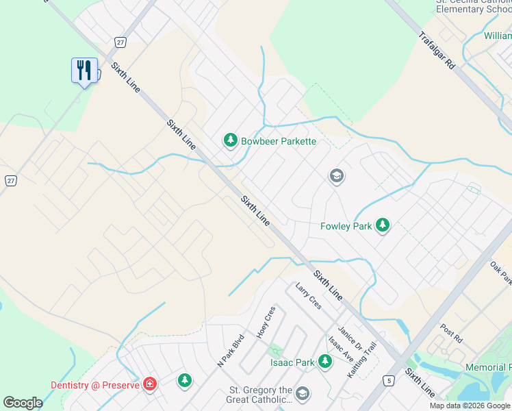 map of restaurants, bars, coffee shops, grocery stores, and more near 3231 Sixth Line in Oakville