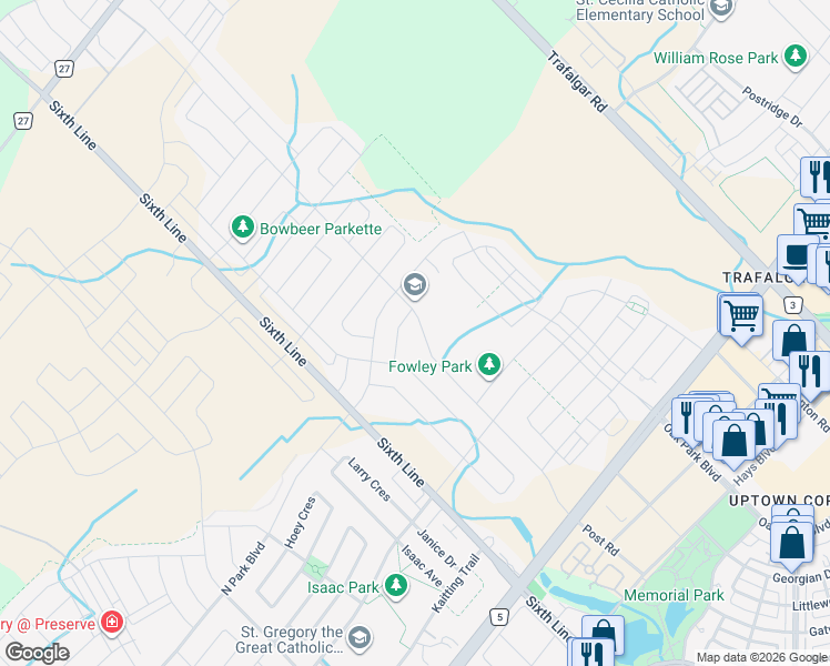 map of restaurants, bars, coffee shops, grocery stores, and more near 3168 Post Road in Oakville