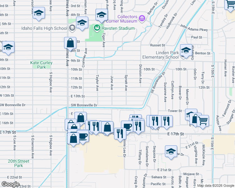 map of restaurants, bars, coffee shops, grocery stores, and more near 835 East 13th Street in Idaho Falls