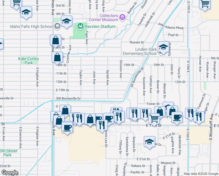 map of restaurants, bars, coffee shops, grocery stores, and more near 1275 Spratt Avenue in Idaho Falls