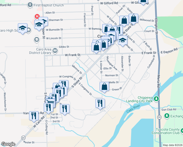 map of restaurants, bars, coffee shops, grocery stores, and more near 118 East Washington Street in Caro