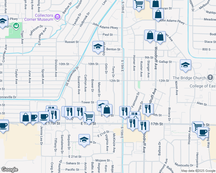 map of restaurants, bars, coffee shops, grocery stores, and more near 1245 Orlin Drive in Idaho Falls